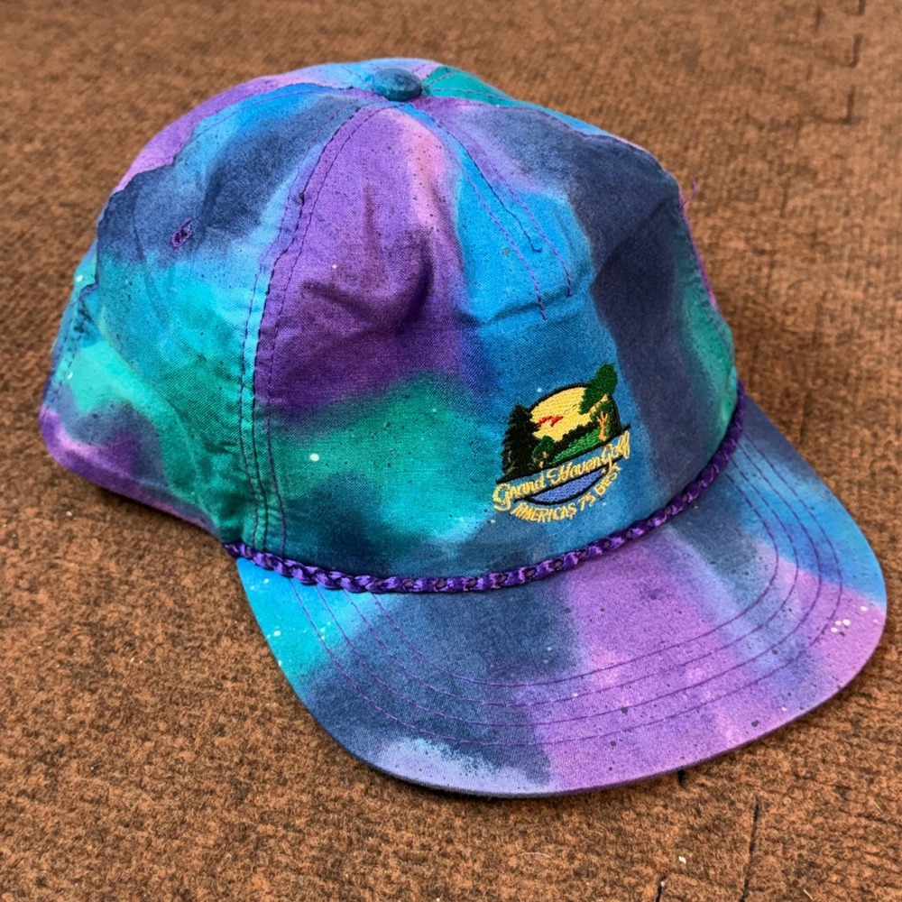 Vintage Derby Cap Grand Haven Golf Tie Dye Galaxy Rope Hat Leather Strapback USA